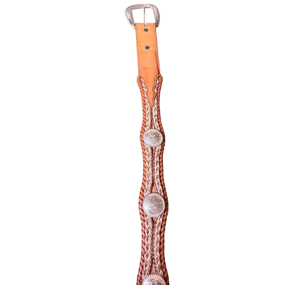 Tony Lama Mens Braided Horsehair Leather Western Belt Tan Silver Concho 32 7106L